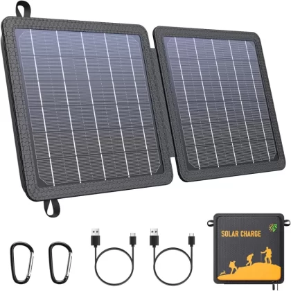 10W Portable Solar Panel Chargers (5V USB-A/USB-C), IP65 Waterproof Small Foldable Solar Panel with Large Storage, Backpacking Panel Power Bank with 2 Carabiner for Camping,Hiking, Cell Phone,Tablet