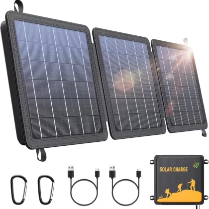 15W Small Portable Solar Panel Chargers (5V/3.0A USB-A/USB-C), IP65 Waterproof Foldable Solar Panel with Large Storage,Backpack Solar with 2 Carabiner for Camping,Hiking, Cell Phone,Tablet
